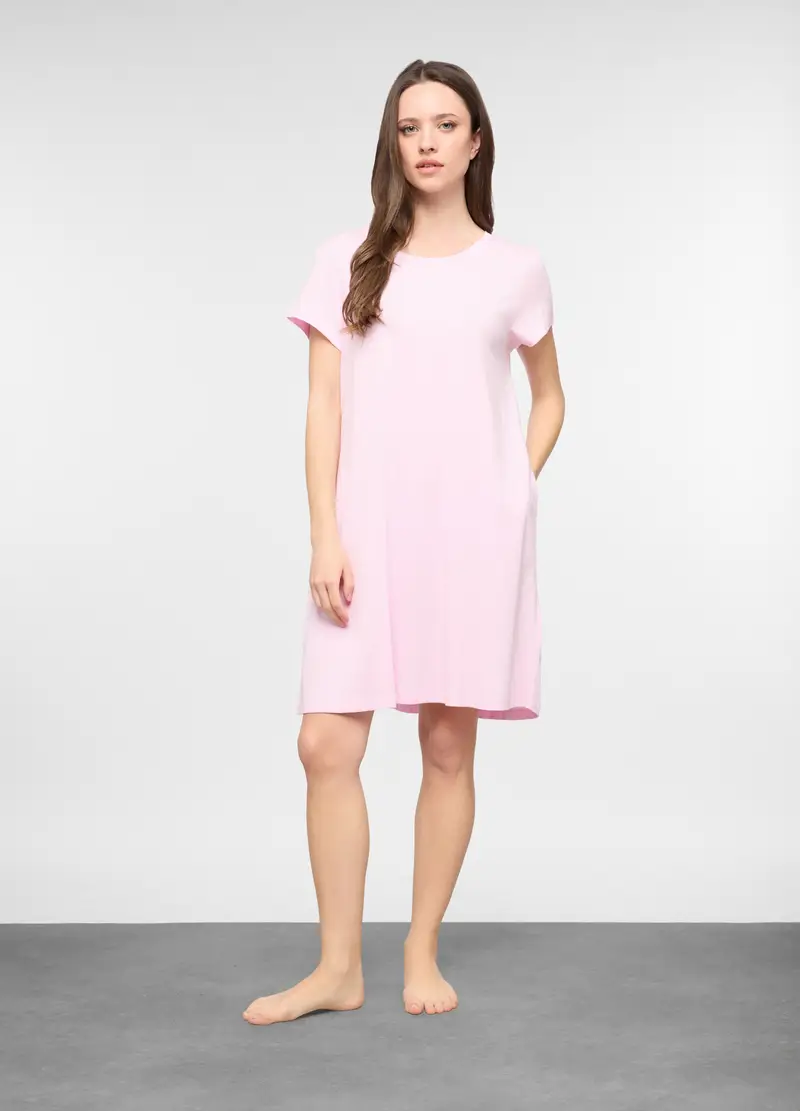 Camicia Da Notte In Jersey Di Puro Cotone Donna, Rosa chiaro