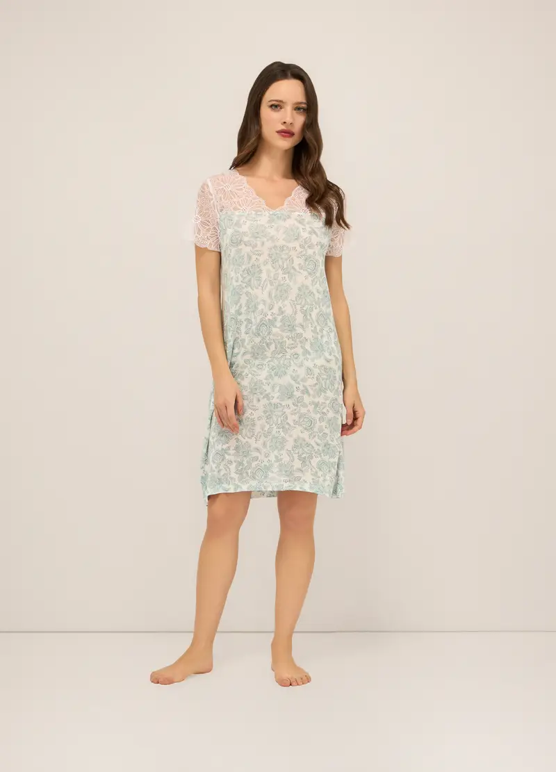 Upim, Camicia Da Notte In Pura Viscosa Con Pizzo Donna, Bianco/Verde, Taglia: S