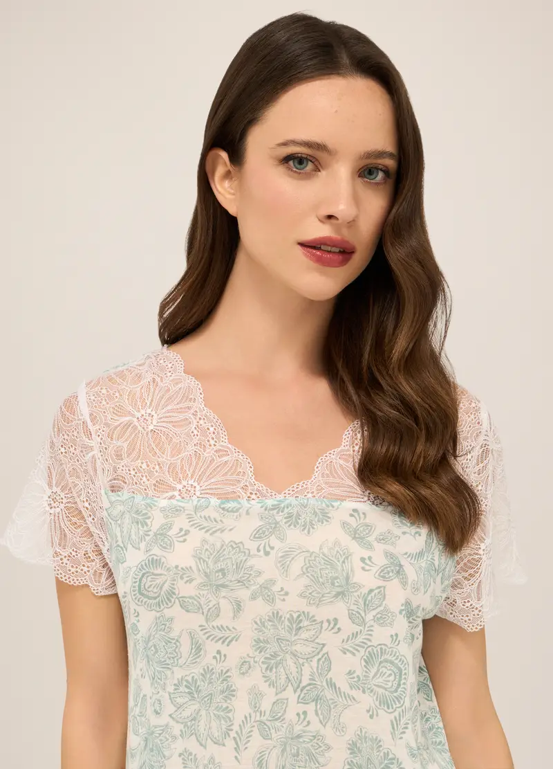 Upim, Camicia Da Notte In Pura Viscosa Con Pizzo Donna, Bianco/Verde, Taglia: S miniatura 2
