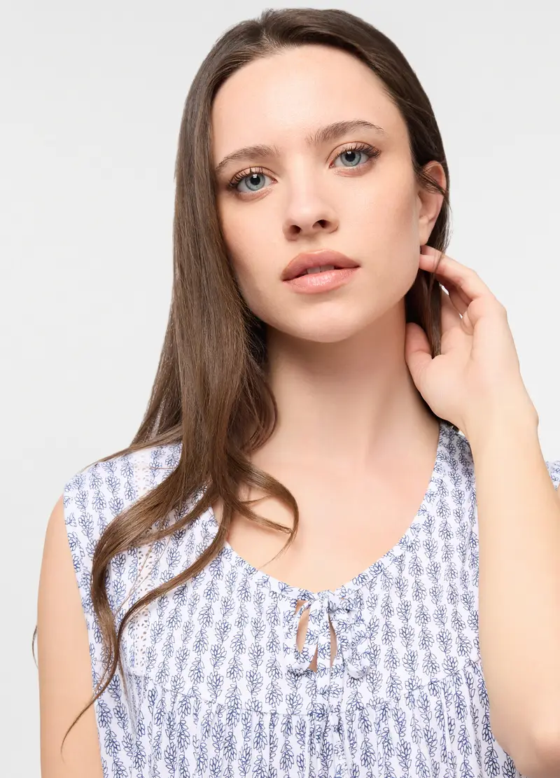 Camicia Da Notte Smanicata In Puro Cotone Donna, Bianco/Blu miniatura 3