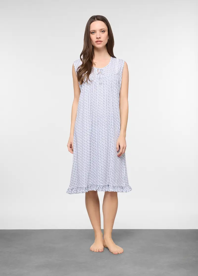 Camicia Da Notte Smanicata In Puro Cotone Donna, Bianco/Blu