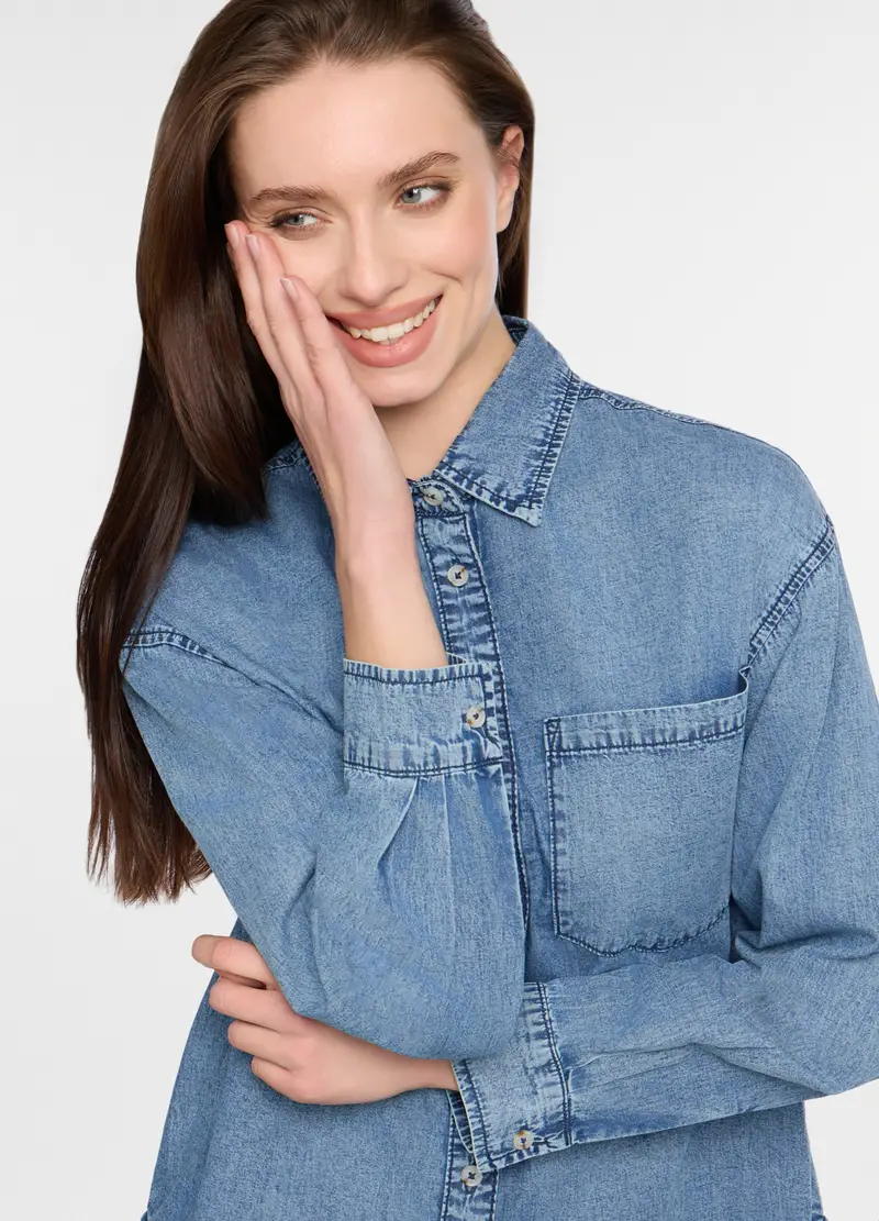 Camicia Fit Over In Denim Leggero Trattato Donna, Blu denim miniatura 3
