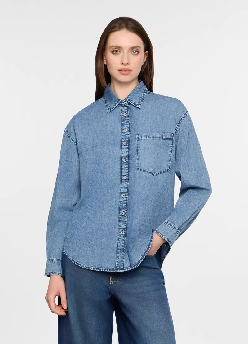 Camicia Fit Over In Denim Leggero Trattato Donna, Blu denim