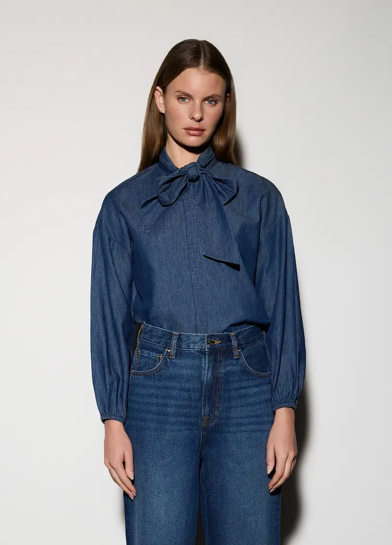 Camicia In Chambray Con Fiocco Donna, Unisex, Blu scuro miniatura 2