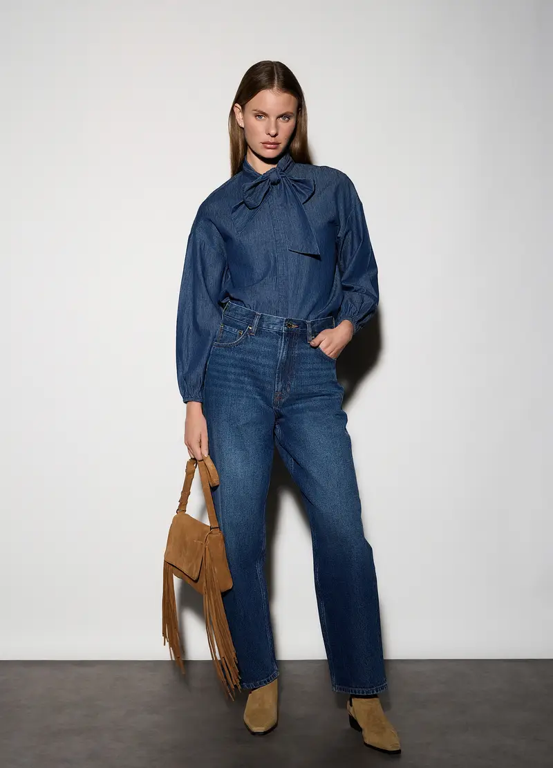 Camicia In Chambray Con Fiocco Donna, Unisex, Blu scuro