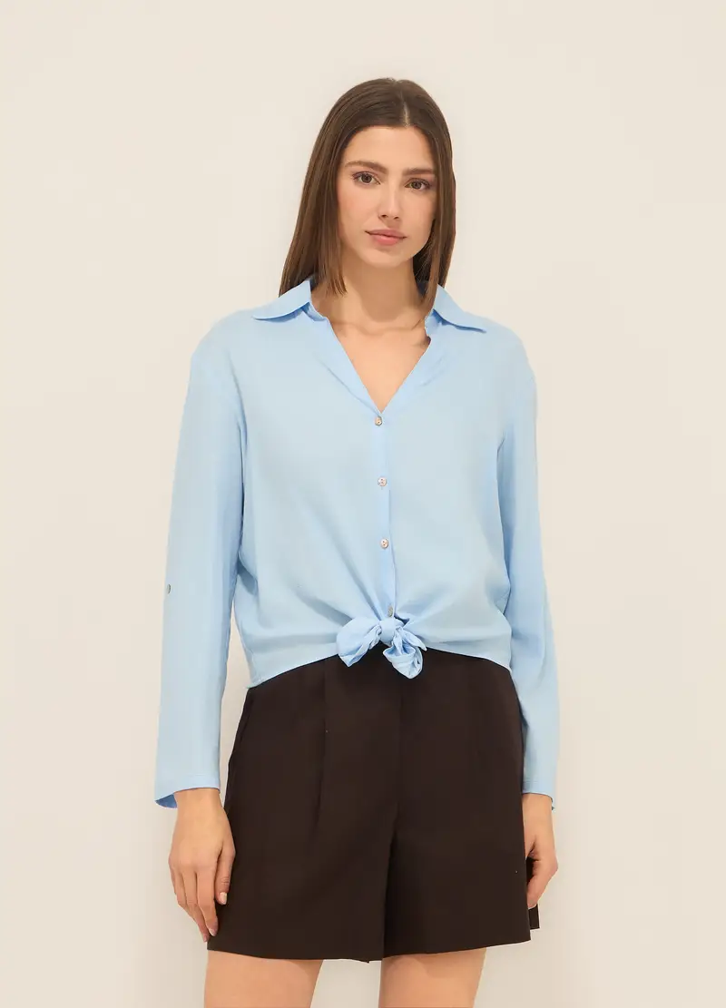 Camicia In Chambray Misto Lino Donna, Azzurro chiaro