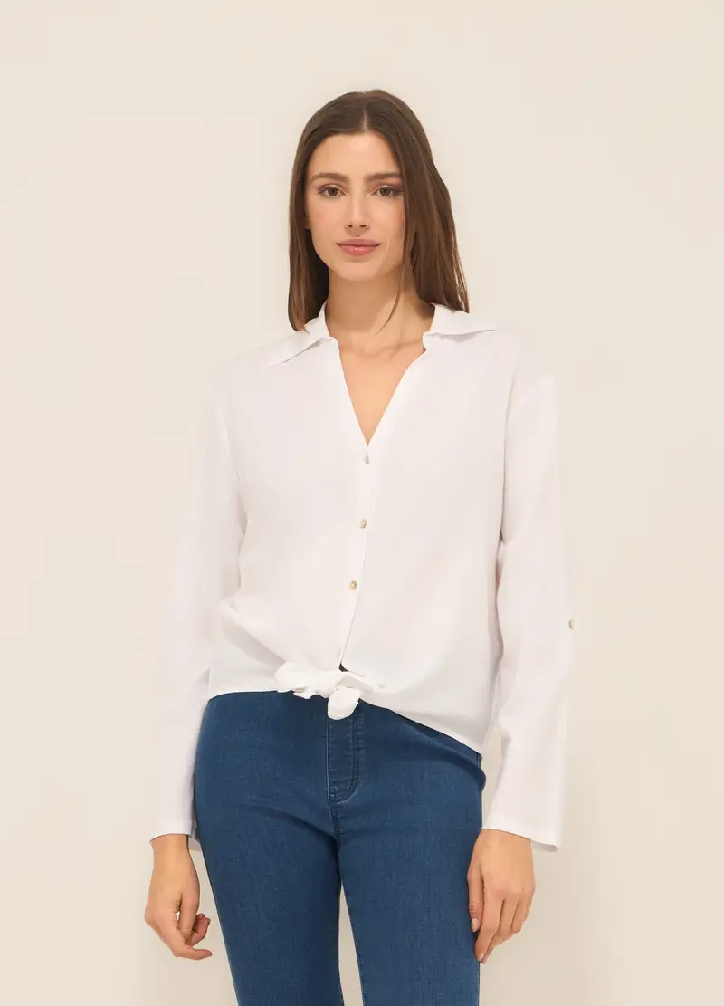 Camicia In Chambray Misto Lino Donna, Bianco gesso