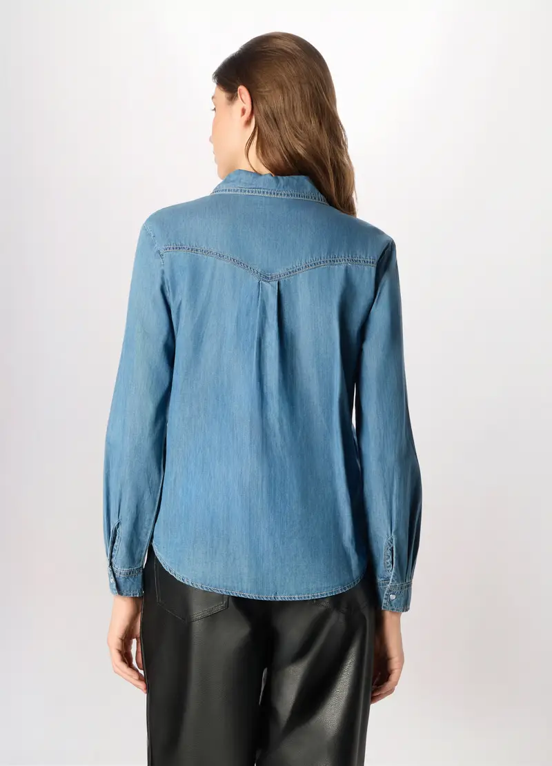 Camicia In Denim Di Puro Cotone Donna, Blu miniatura 2