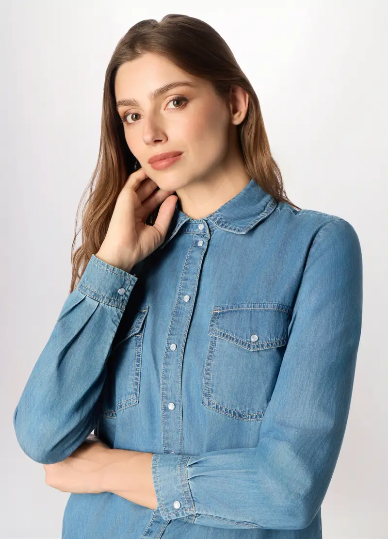 Camicia In Denim Di Puro Cotone Donna, Blu miniatura 3