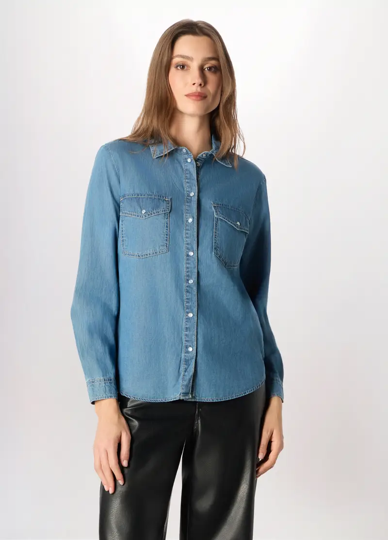 Camicia In Denim Di Puro Cotone Donna, Blu
