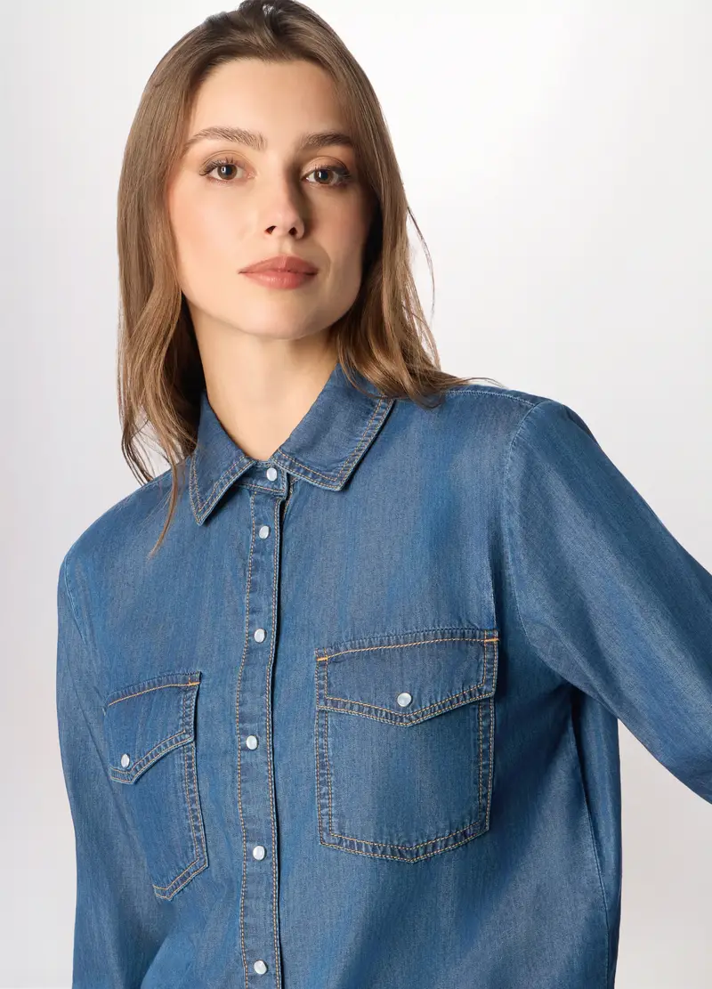 Camicia In Denim Di Puro Cotone Donna, Blu denim miniatura 3