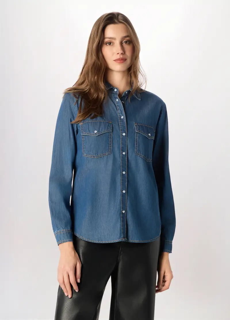 Camicia In Denim Di Puro Cotone Donna, Blu denim