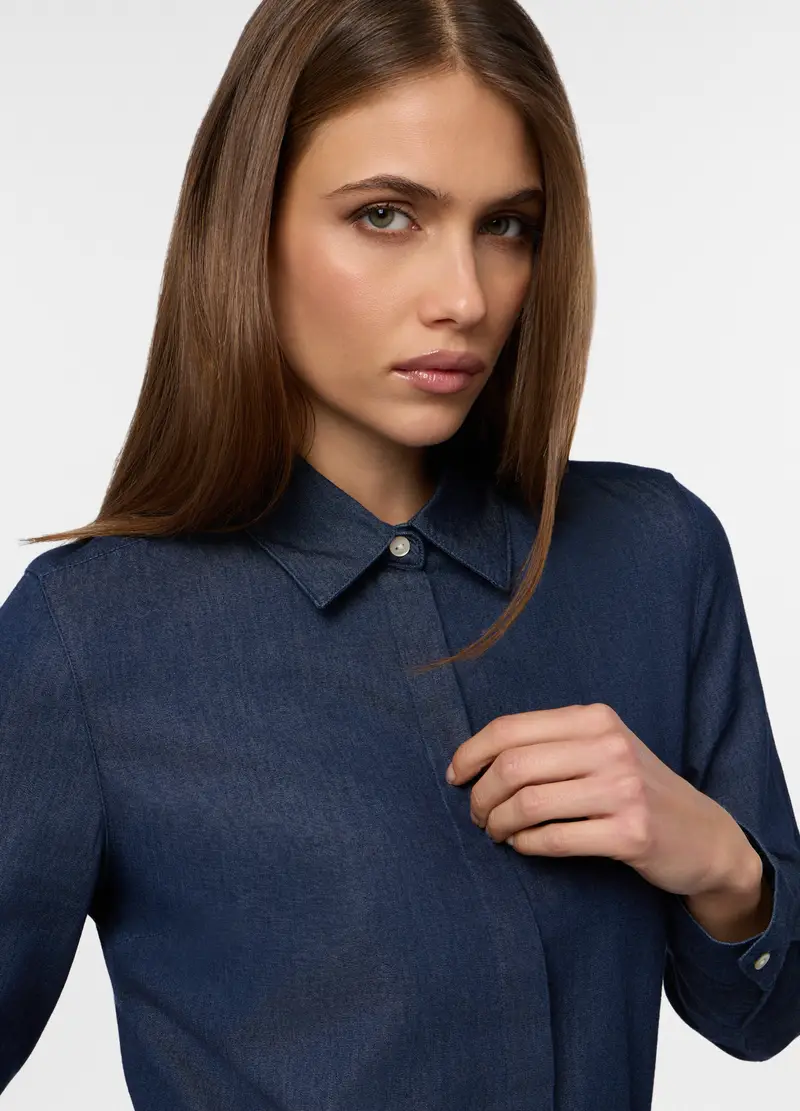 Camicia In Denim Di Puro Cotone Donna, Blu denim miniatura 3