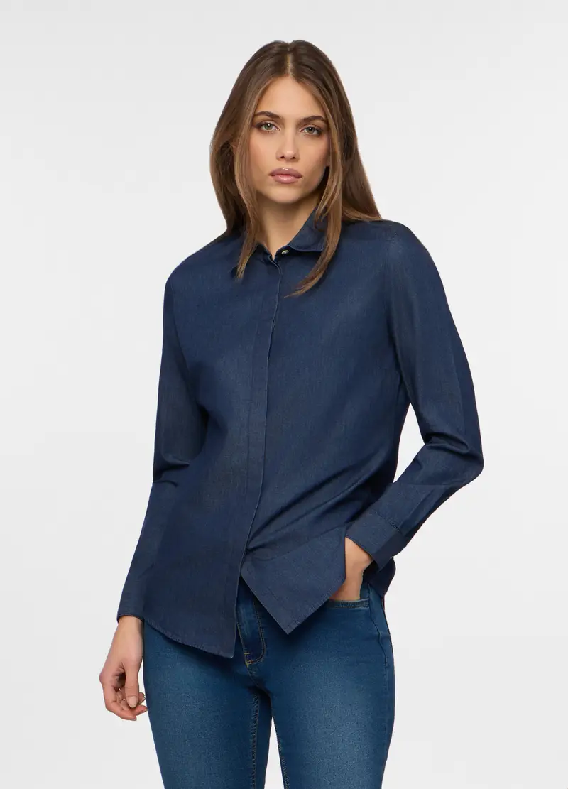 Camicia In Denim Di Puro Cotone Donna, Blu denim