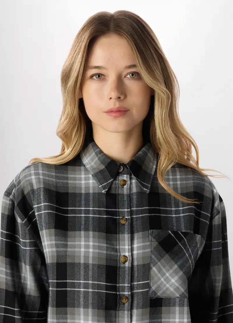 Camicia In Flanella Misto Viscosa Donna, Nero stampa 1 miniatura 3