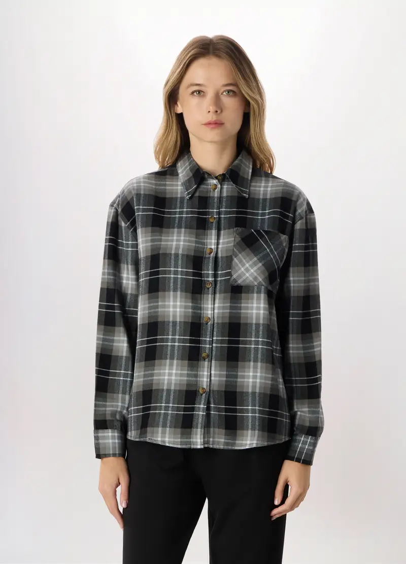 Camicia In Flanella Misto Viscosa Donna, Nero stampa 1