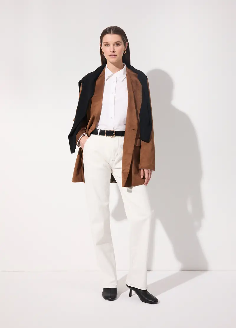 Camicia In Popeline Di Puro Cotone A Maniche Lunghe Donna, Unisex, Beige