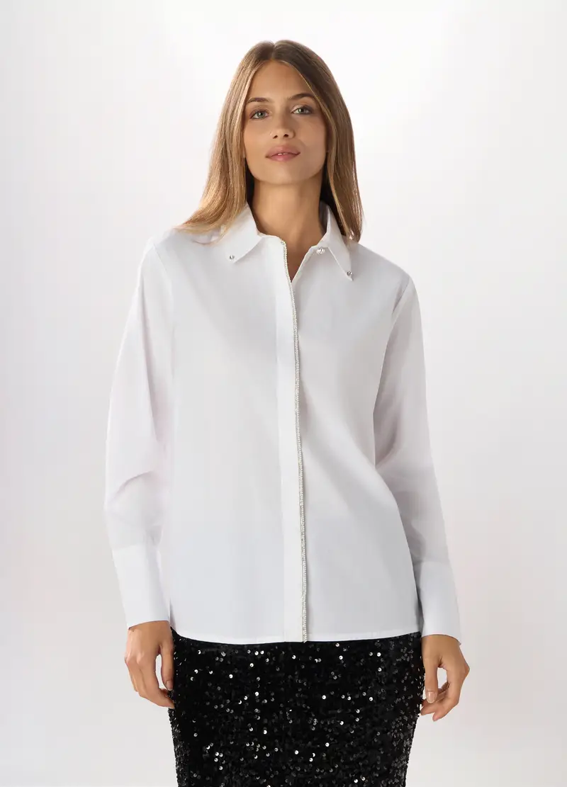 Camicia In Popeline Di Puro Cotone Donna, Bianco gesso