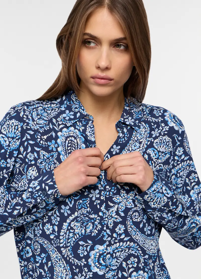 Camicia In Pura Viscosa Con Stampa Donna, Blu elettrico miniatura 3