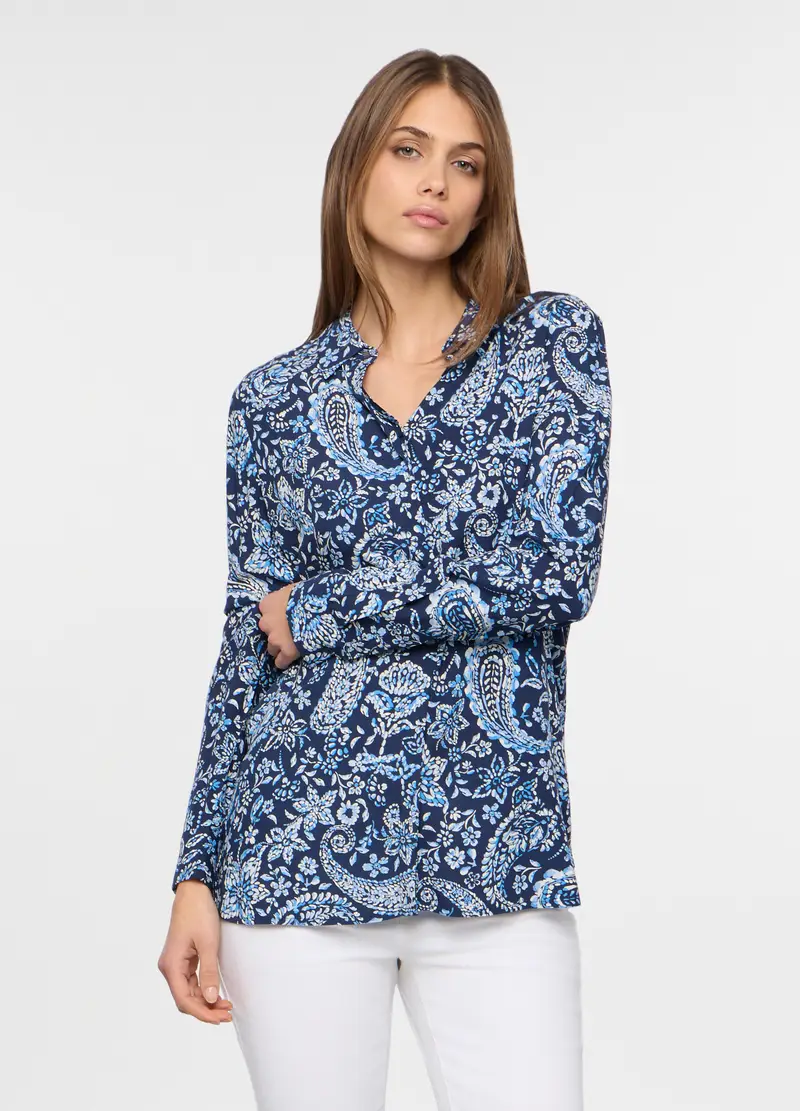 Camicia In Pura Viscosa Con Stampa Donna, Blu elettrico
