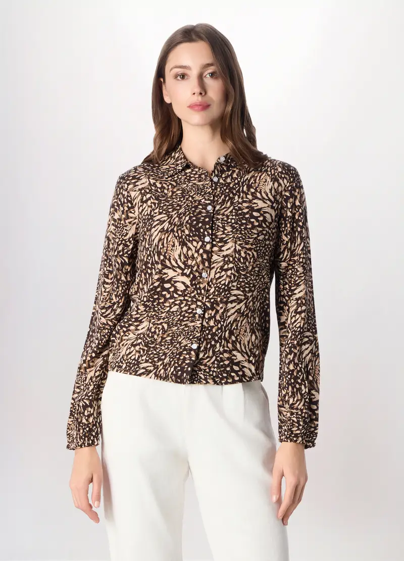 Camicia In Pura Viscosa Con Stampa Donna, Marrone scuro
