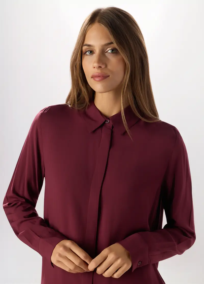 Camicia In Pura Viscosa Donna, Rosso bordeaux miniatura 3