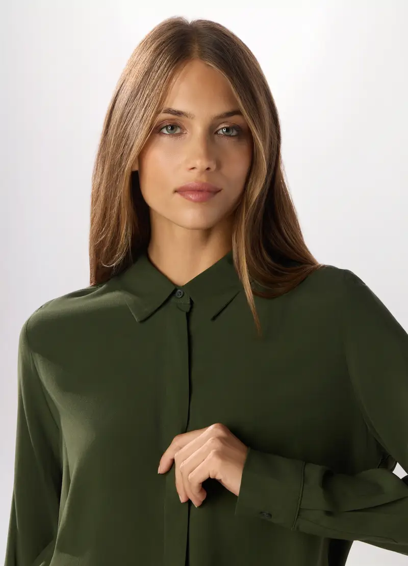 Camicia In Pura Viscosa Donna, Verde scuro miniatura 3