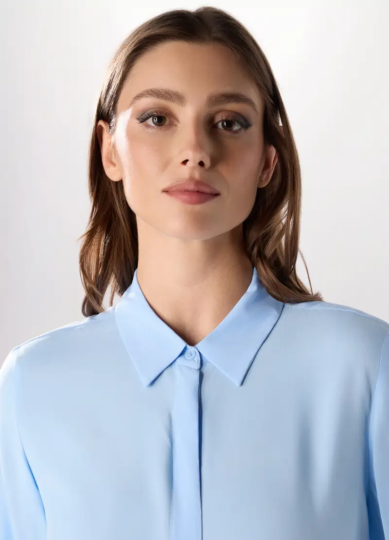 Camicia In Pura Viscosa Tinta Unita Donna, Azzurro miniatura 3