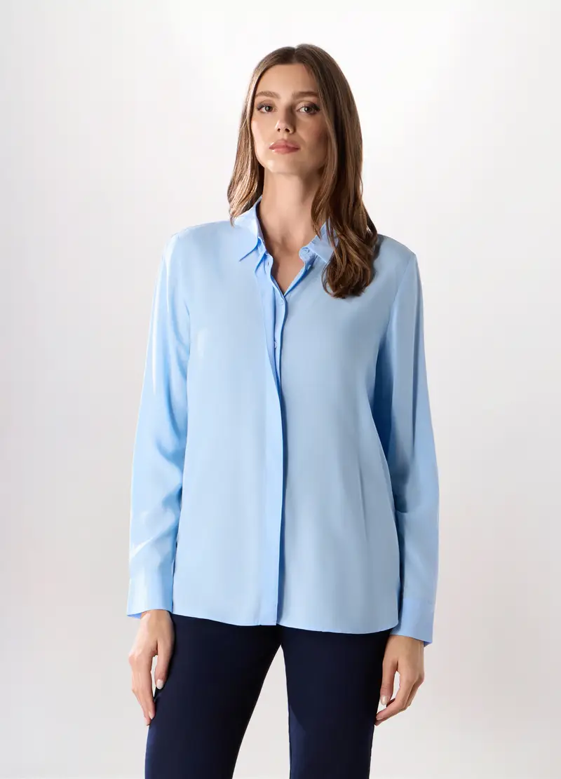 Camicia In Pura Viscosa Tinta Unita Donna, Azzurro
