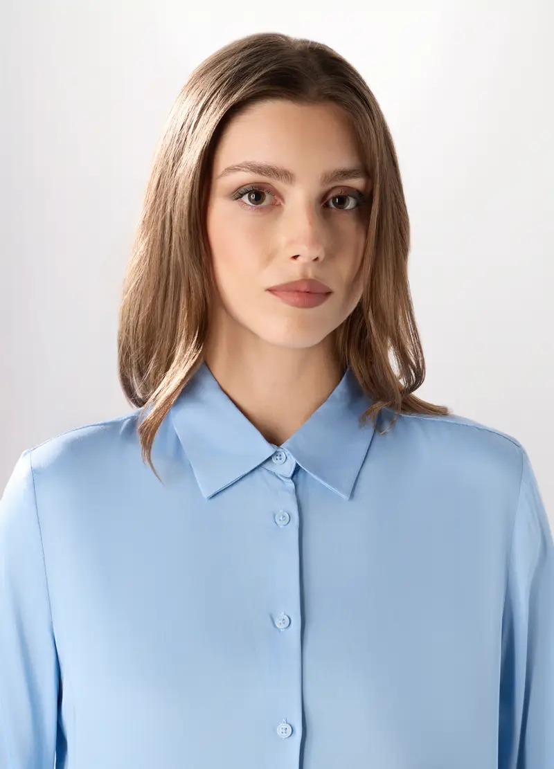 Camicia In Pura Viscosa Tinta Unita Donna, Azzurro miniatura 3