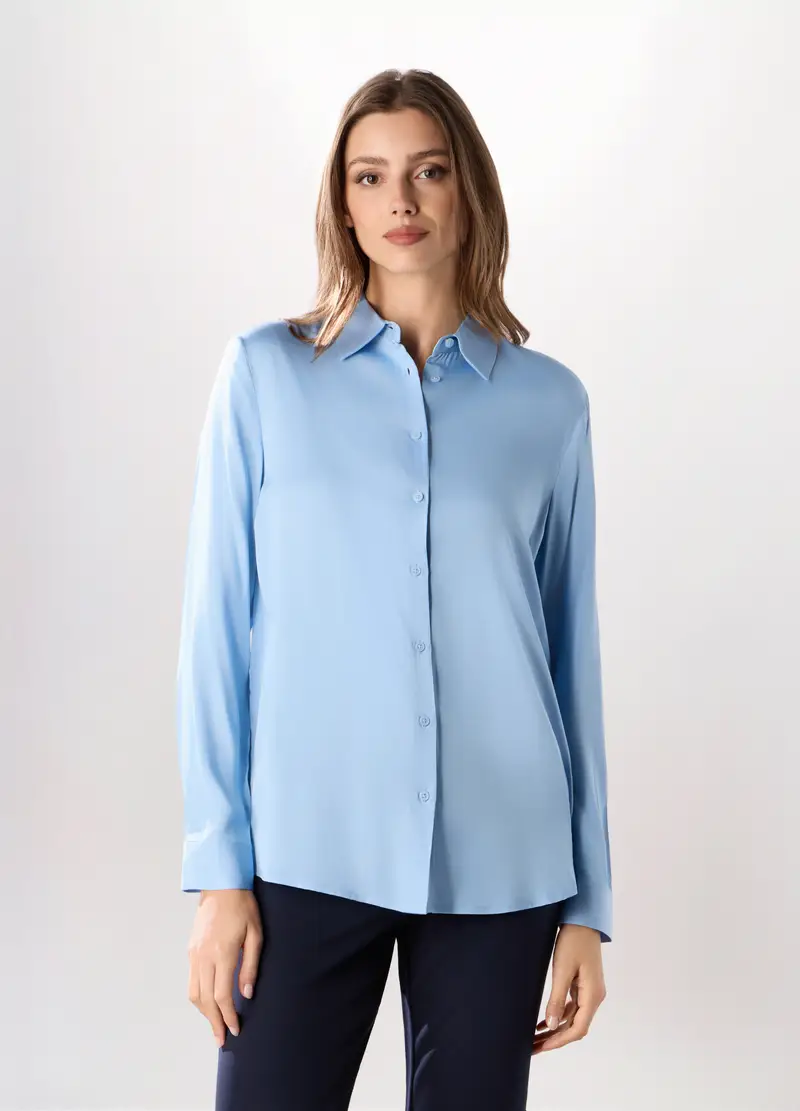 Camicia In Pura Viscosa Tinta Unita Donna, Azzurro