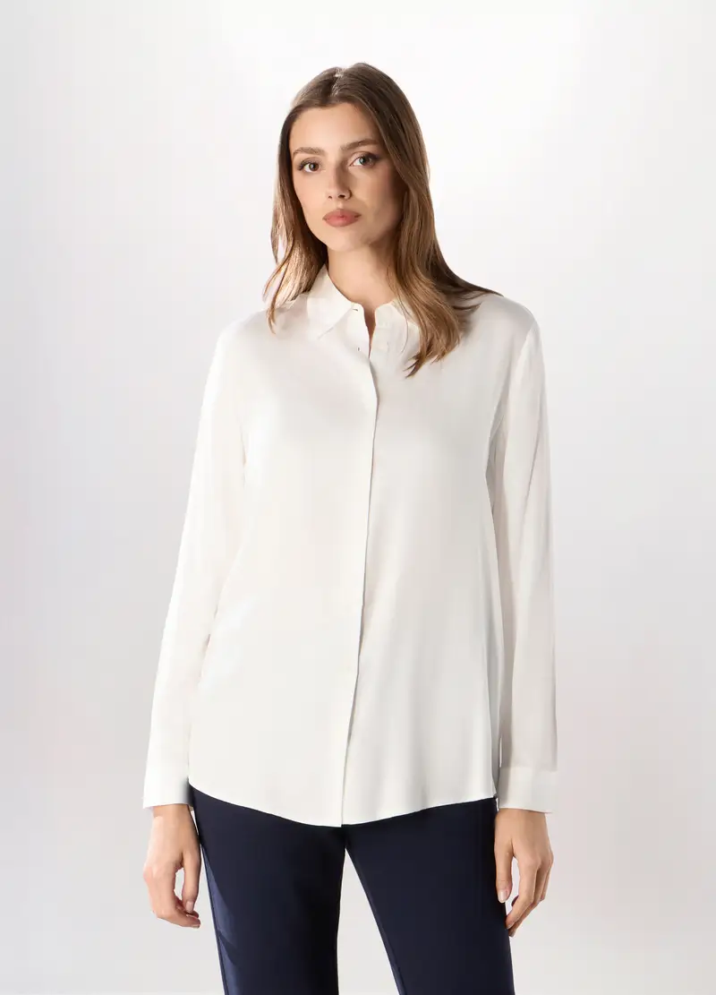 Camicia In Pura Viscosa Tinta Unita Donna, Bianco