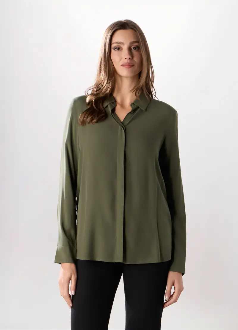 Camicia In Pura Viscosa Tinta Unita Donna, Verde scuro