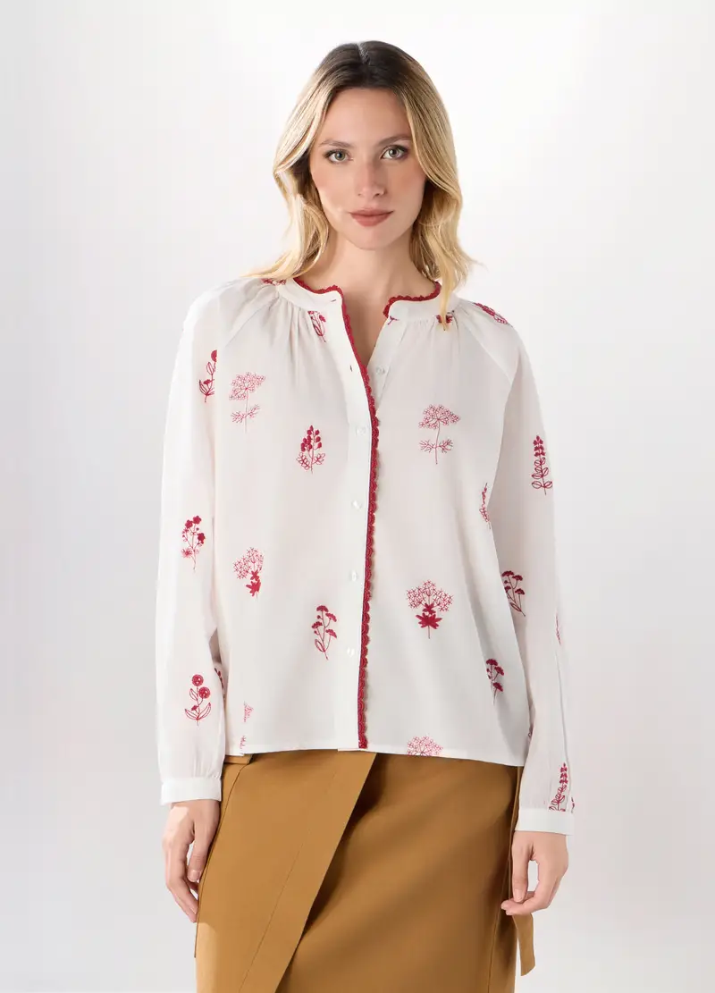 Camicia In Puro Cotone Con Ricami Donna, Bianco