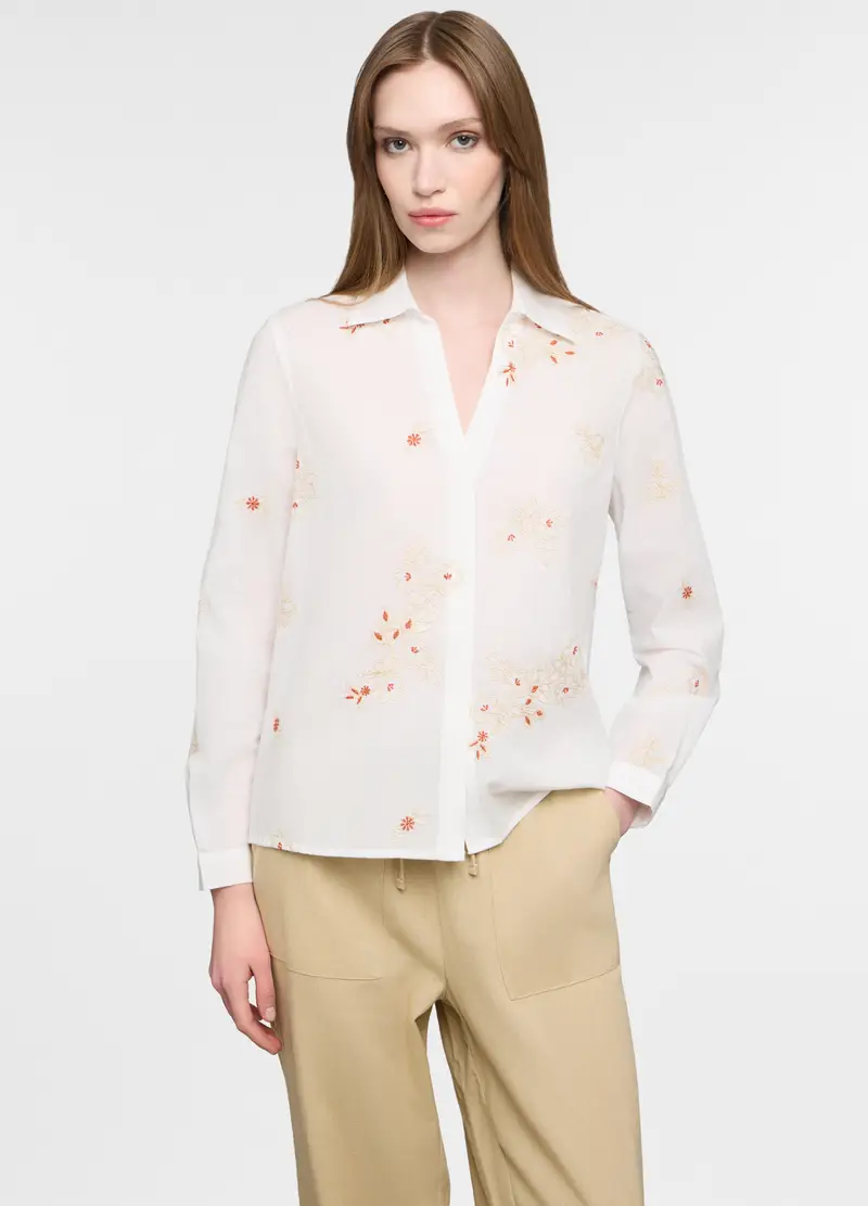 Camicia In Puro Cotone Ricamato Con Colletto Classico Donna, Bianco