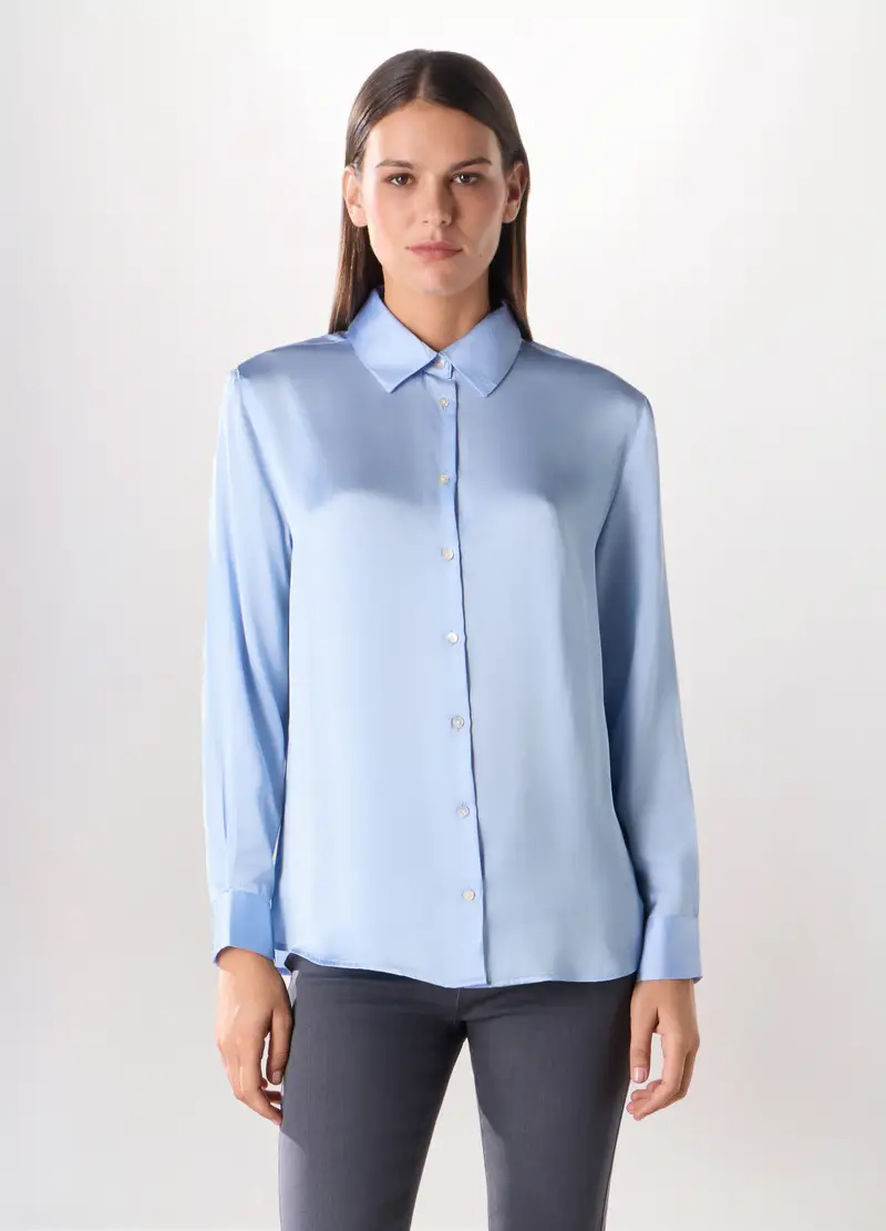 Camicia In Raso A Maniche Lunghe Donna, Azzurro chiaro