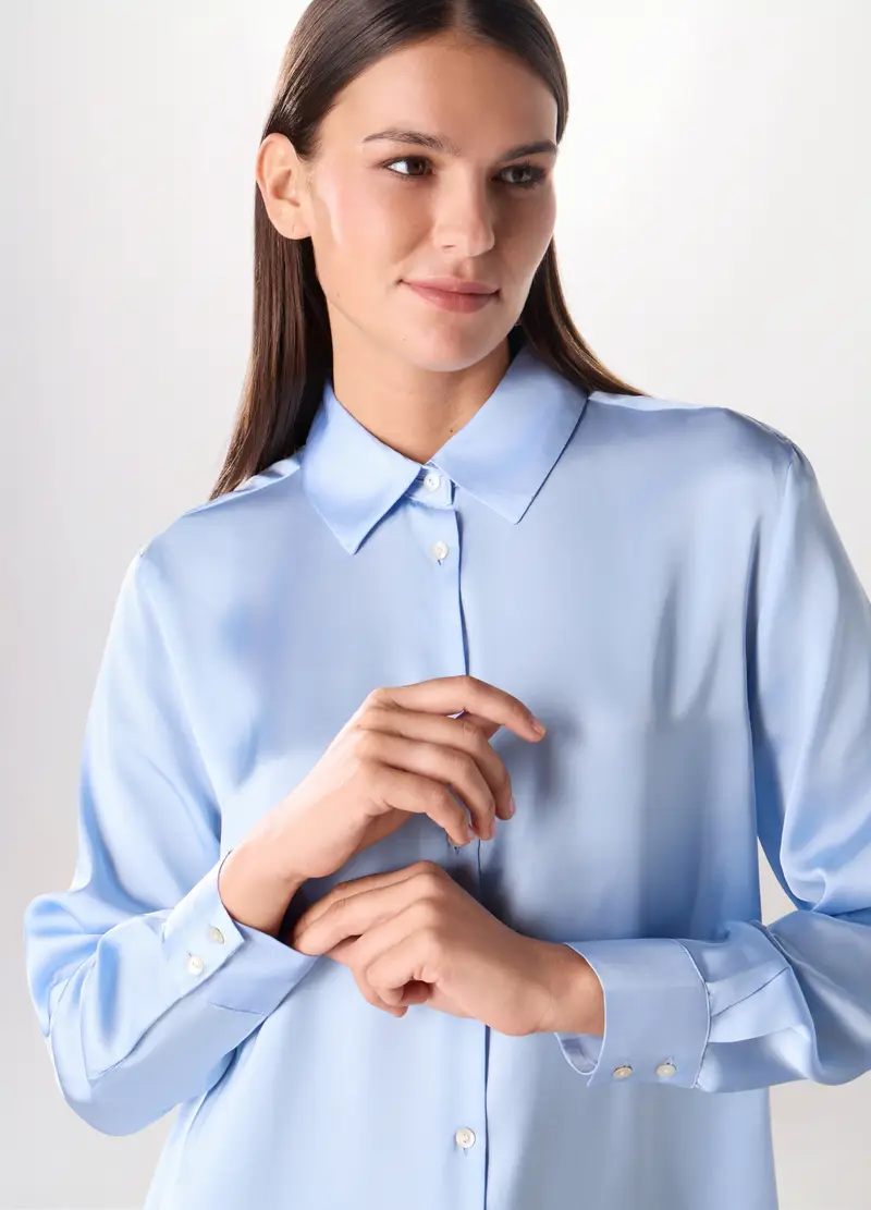Camicia In Raso A Maniche Lunghe Donna, Azzurro chiaro miniatura 3