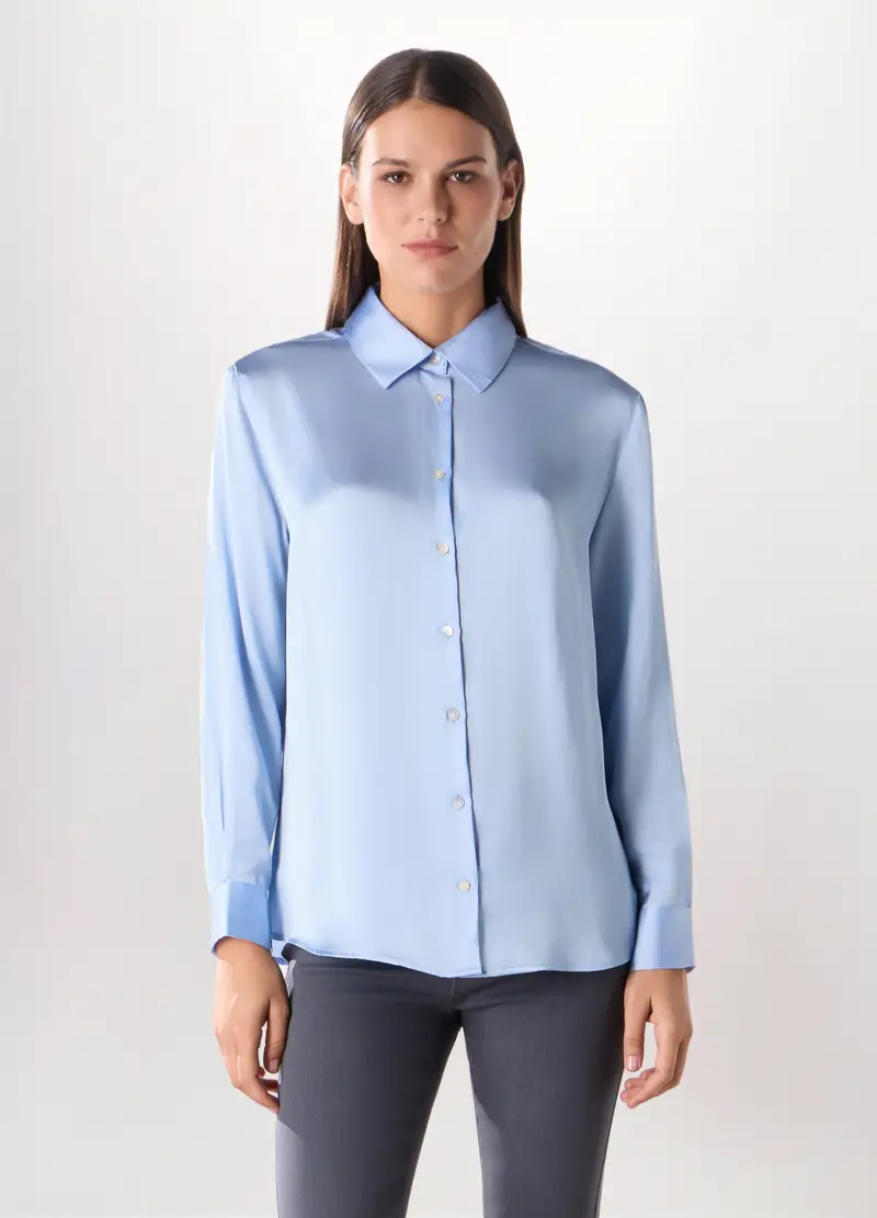 Camicia In Raso A Maniche Lunghe Donna, Azzurro chiaro