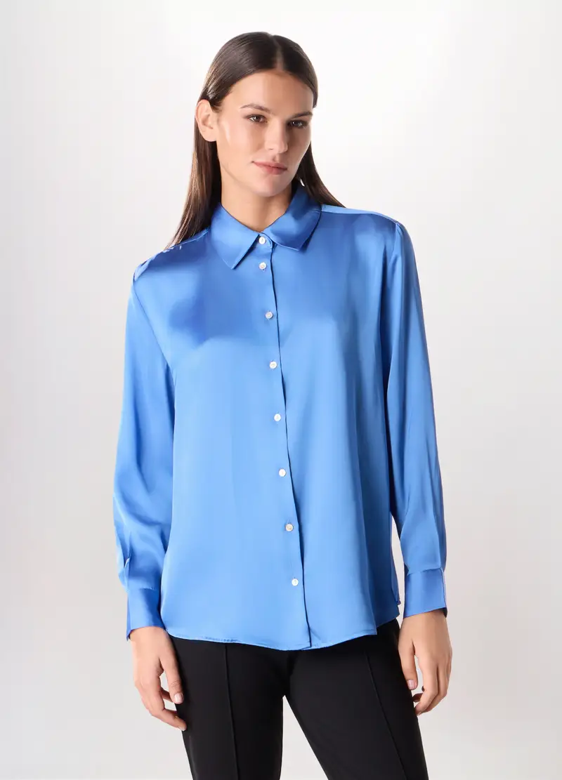 Camicia In Raso A Maniche Lunghe Donna, Blu Bluette