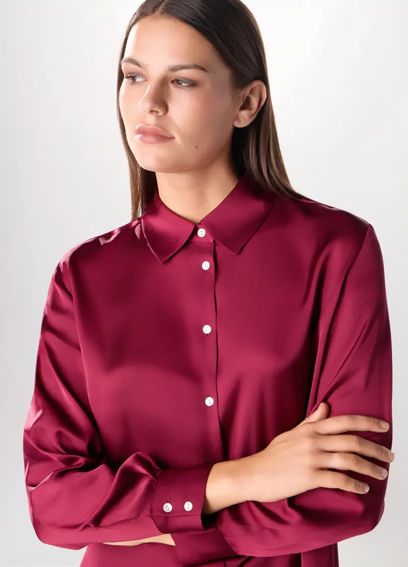 Camicia In Raso A Maniche Lunghe Donna, Rosso scuro miniatura 3