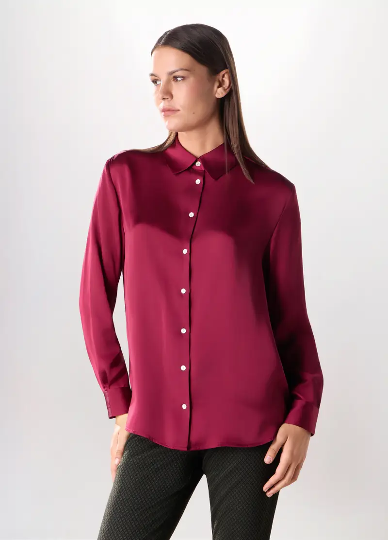 Camicia In Raso A Maniche Lunghe Donna, Rosso scuro
