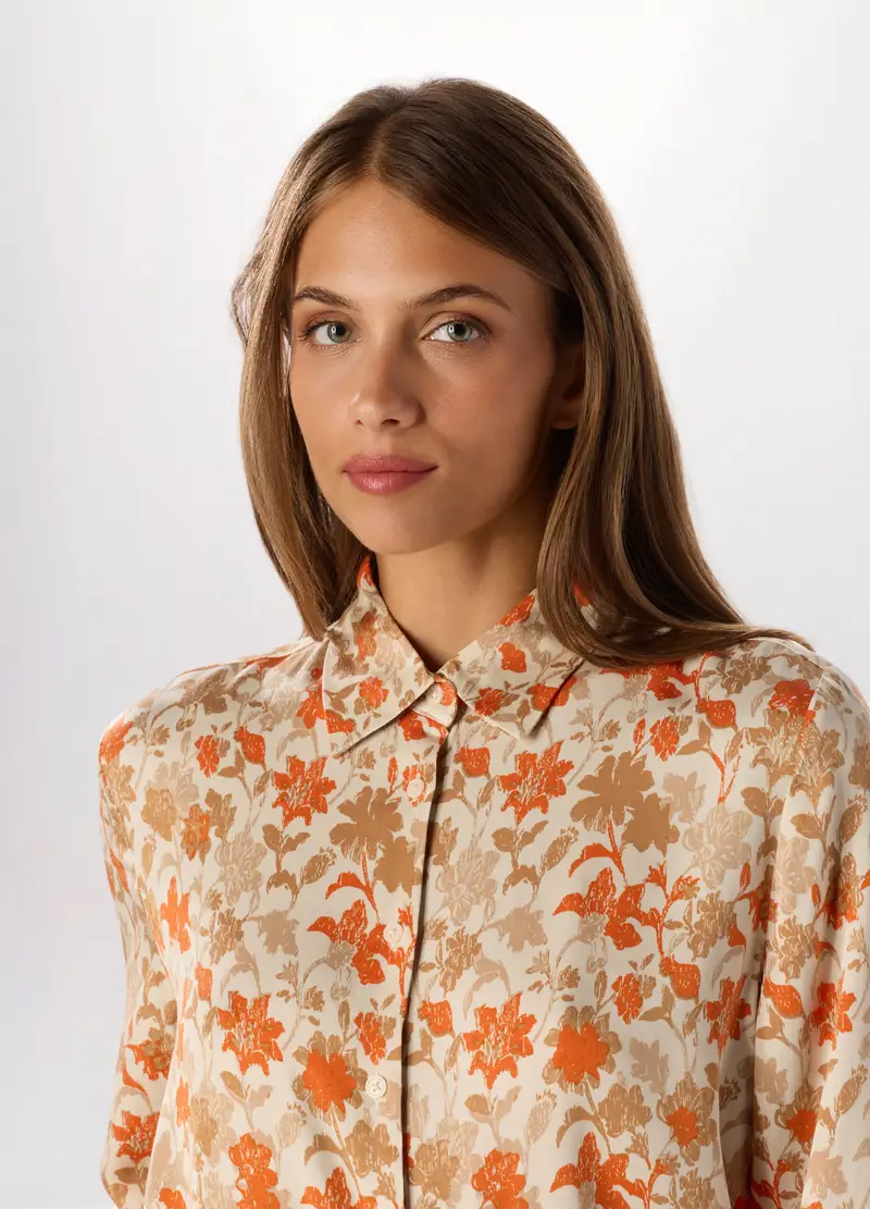 Camicia In Raso Di Pura Viscosa A Maniche Lunghe Donna, Beige chiaro miniatura 3