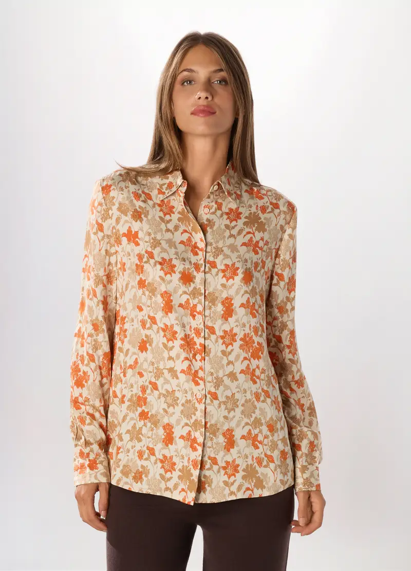 Camicia In Raso Di Pura Viscosa A Maniche Lunghe Donna, Beige chiaro