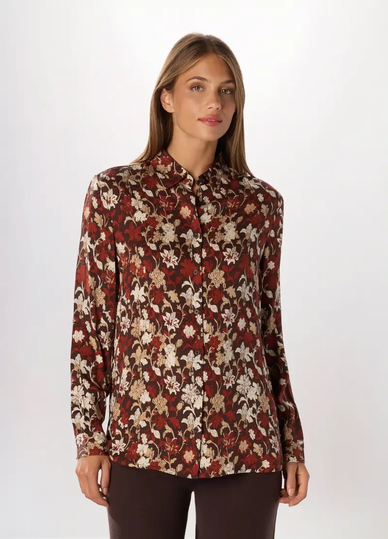 Camicia In Raso Di Pura Viscosa A Maniche Lunghe Donna, Marrone scuro