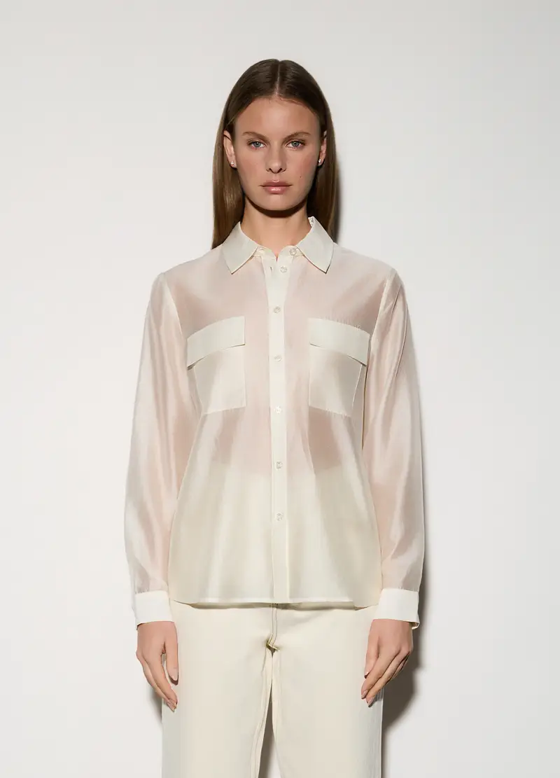 Camicia In Raso Misto Viscosa Donna, Unisex, Bianco panna miniatura 2