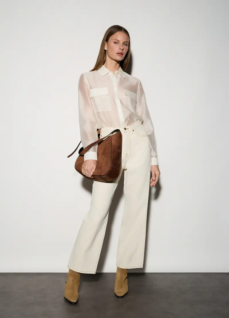 Camicia In Raso Misto Viscosa Donna, Unisex, Bianco panna