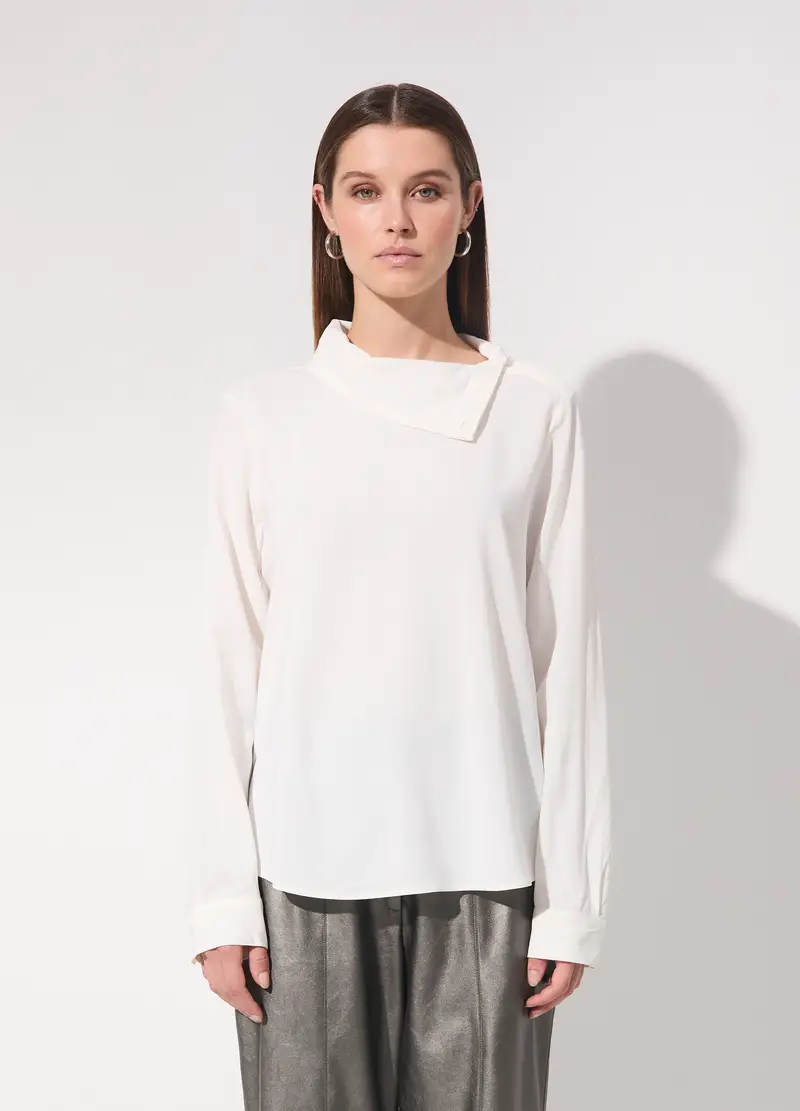 Camicia In Viscosa Crêpe A Collo Alto Donna, Unisex, Bianco miniatura 2