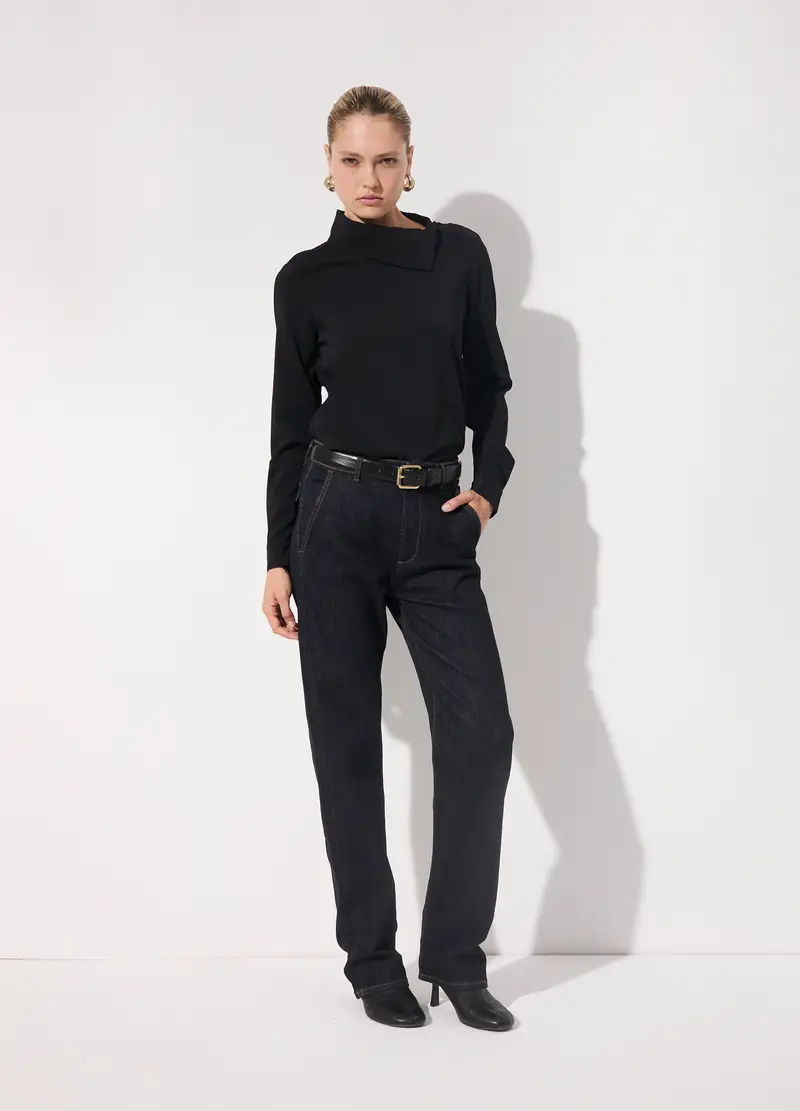 Camicia In Viscosa Crêpe A Collo Alto Donna, Unisex, Nero