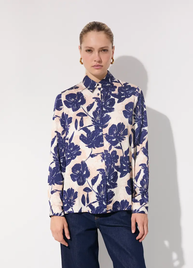 Camicia In Viscosa Satin Con Stampa Floreale Donna, Unisex, Bianco/Blu miniatura 2