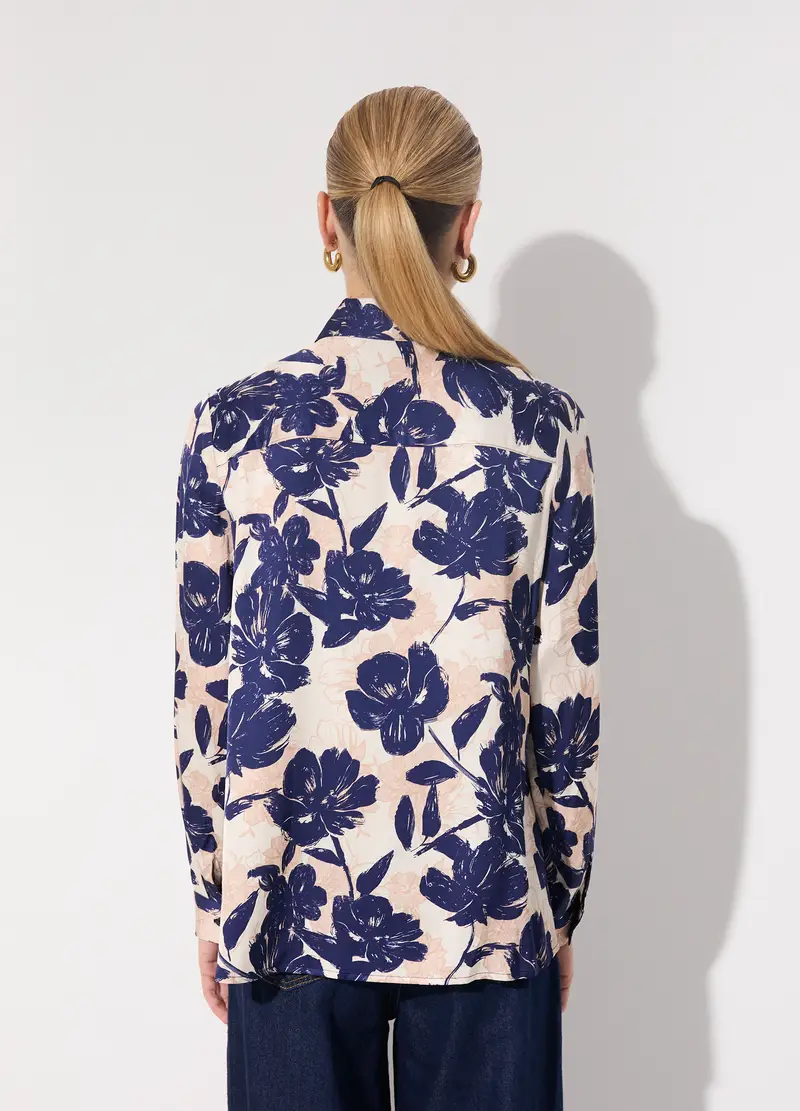 Camicia In Viscosa Satin Con Stampa Floreale Donna, Unisex, Bianco/Blu miniatura 3